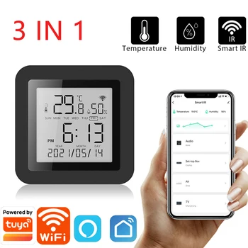 3IN1 Tuya WIFI טמפרטורה & חיישן הלחות & IR שלט חכם הביתה LCD גלאי אלחוטי מדחום עבור Alexa, Google