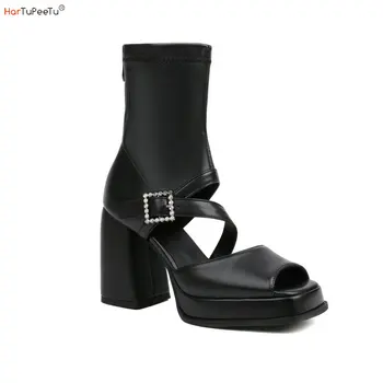 גותי שחור נינג ' ה סנדלי נשים קיץ 2023 נעלי פלטפורמת הבוהן ציוץ אופנה עקבים גבוהים לבן קריסטל אבזם רוכסן מגפי קרסול