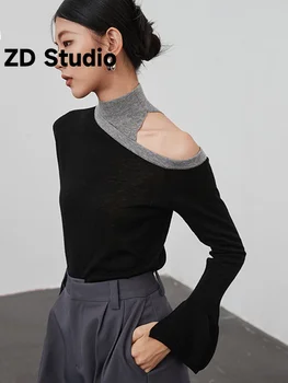 [ZD סטודיו] צבע אפור-יש לחסום את הכתף סריגה סוודר צווארון שרוול ארוך לנשים Pullovers חדשים גאות סתיו חורף 2023