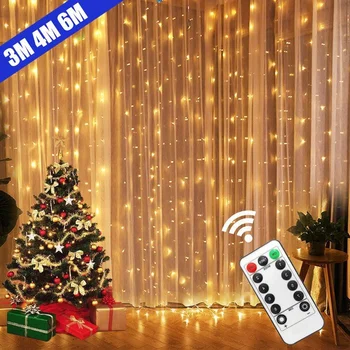 3/4/6M LED מחרוזת אורות חג מולד קישוט שלט רחוק USB החתונה גרלנד וילון מנורת החג עבור חדר השינה חיצונית פיות