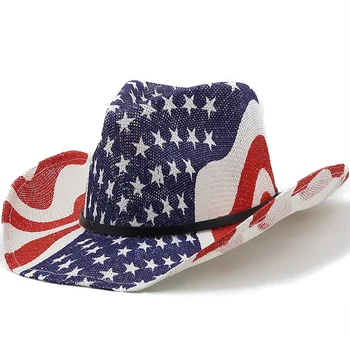 חדש קש כובע קאובוי גברים הדגל האמריקאי רטרו המערבי כובע בוקרים גברים, נשים, קיץ החוף זכר נקבה שוליים רחבים, כובע השמש