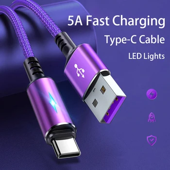 אור LED 5A סוג C כבל טעינה מהירה USB C כבלים עבור Xiaomi Redmi POCP Huawei טלפון אביזרים כבל נתונים מטען כבל USB
