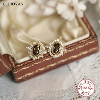 CCFJOYAS 925 כסף סטרלינג עגילים לנשים יפנית רטרו משובח קפה עגילי זירקון מסיבת חתונה תכשיטים יפים