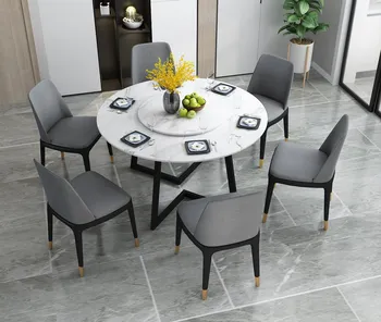 סקנדינבי מינימליסטי השיש סביב שולחן אוכל, כיסא מודרני אבן צלחת האוכל שולחן אור יוקרה שולחן עגול