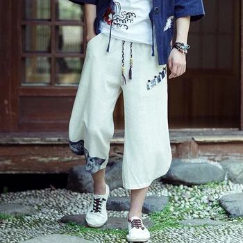 הקיץ מצעים בסגנון סיני גברים מסורתיים הלאומי טוטם הדפסה צללית קצוות התחתונים קצוץ מכנסיים רחבות