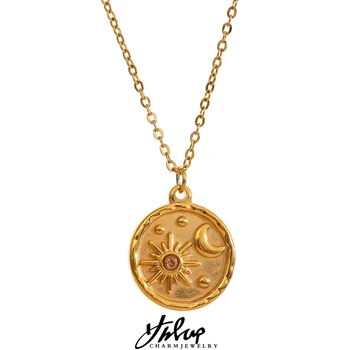 Yhpup אופנה שמימי-הירח, השמש עדין תליון עגול נירוסטה שרשרת זהב 18k מצופה שרשרת אופנתית קסם שיק תכשיטים