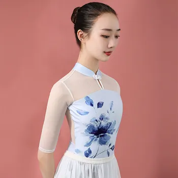 חצי שרוול בסגנון סיני כחול-לבן לבגד גוף התעמלות למבוגרים לרקוד בלט ללבוש בגד אוברול בגד גוף לנשים