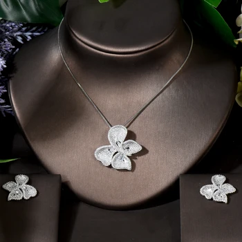 אופנה אופנה פרח כלה AAA זירקון נוצץ תכשיטים מגדיר עבור נשים שרשרת עגיל סטי תכשיטי מסיבת חתונה מתנות N-1680