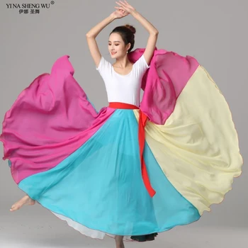 ריקודי בטן מקשה אחת תחרה למעלה ושיפון שמונה צבעים המותניים לעטוף את החצאית 720 מעלות קשת ריקוד ארוך חצאית קלאסית לרקוד