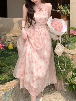 שיפון שמלה לנשים ללא שרוולים מסיבה בסגנון צרפתי שמלה פרחוני מתוק קו נטוי הצוואר ספגטי רצועת 2023 חדש האביב שמלת הקיץ