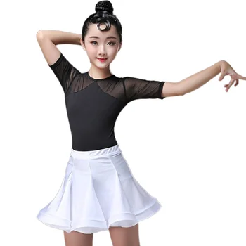 2pcs חליפת ילדה ריקודים לטיניים השמלה ילד תחרות ריקודים לטיניים בגדים לנערות אולם רוקד תחפושות שחור חצאית לבנה.