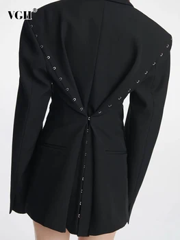 VGH מוצק סדיר מעצב בלייזרים לנשים מחורצים צווארון שרוול ארוך חולצת משולבים יחיד עם חזה Casaul בלייזר הנשי החדש.