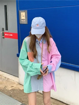 ADAgirl טלאים לכפתר חולצה א-סימטרית שרוול ארוך חולצה לנשים אופנה קוריאנית Y2k ילדה מקסימום מזדמן Harajuku בגדים