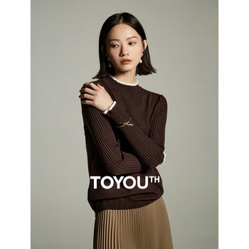Toyouth נשים ביסוד סריגים 2023 סתיו ארוך שרוול ניגוד חצי צווארון גבוה Slim Fit סוודר קפה בסיסי לבן Tees מקסימום