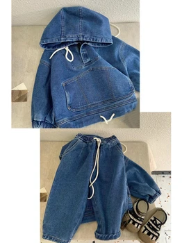 ילדים קוריאנים בגדי האביב מעיל של בנים סתיו בגדי ילדים בנים ברדס המעיל בייבי ג 'ינס המכנסיים ז' קט כחול.