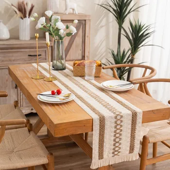 נורדי ציציות פסים שולחן רץ כותנה פשתן שולחן רץ מפת שולחן האוכל בחתונה עיצוב הבית וינטג ' שולחן מגן
