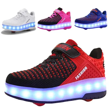 גלגיליות מטען USB ילד נעלי ספורט לילד בנות מתנה אור Led נעליים עם 2 גלגלים עם גג נפתח ספורט נעליים מעופפות פלאש מגמה