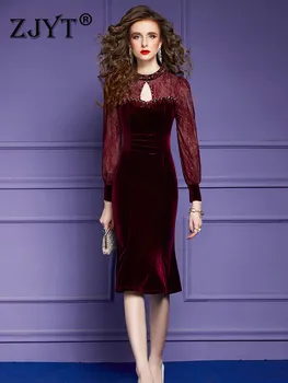 ZJYT יוקרה חרוזים קטיפה ים השנתי של שמלות ערב עבור נשים מעצבים אלגנטיות תחרה טלאים סקסי ערב Vestido חג המולד