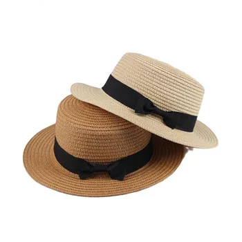 2022 פשוטה הקיץ הורה-ילד החוף כובע נשי מזדמן כובע פנמה הגברת מותג נשים שטוח ברים Bowknot קש כובע בנות כובע השמש
