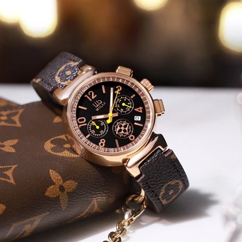 WIILAA שעון נשים אופנה וינטג ' ישנים פרח חגורת עור שישה פינים הכרונוגרף שעונים עמיד למים קוורץ שעון היד שעונים