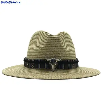 המערבי כובע לגברים נשים קיץ כובע קש רחב שוליים פרה ראש לקשט את הכובע חיצוני סומבררו גבר בוקרת הכובע